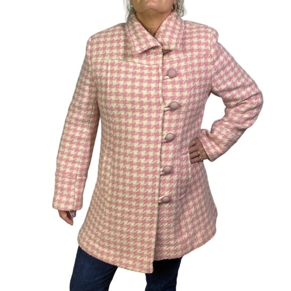 vintage Chadwicks Pink & cream ivory Wool Houndstooth mid length Coat Size 10 - Picture 4 of 9